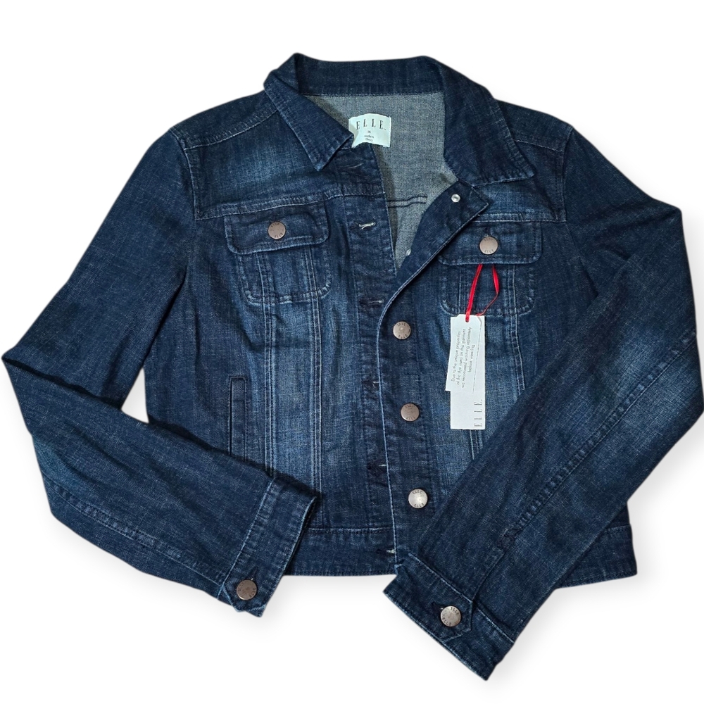 ELLE Lightly Distressed Dark Denim Jacket Sz Medium